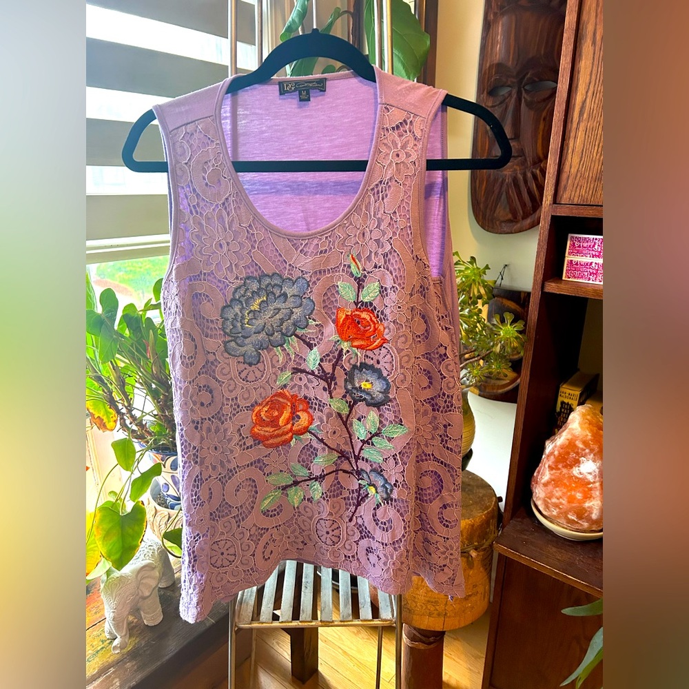 Diane Gilman  Floral Lace Sleeveless Top - mauve